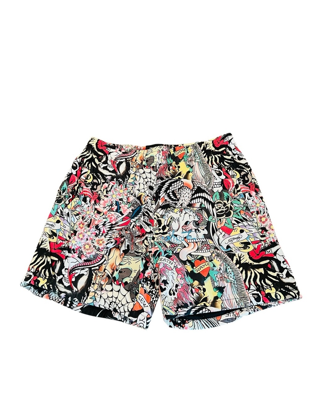 Ed Hardy Multicolor Tattoo Print Shorts - Black Base Size Medium